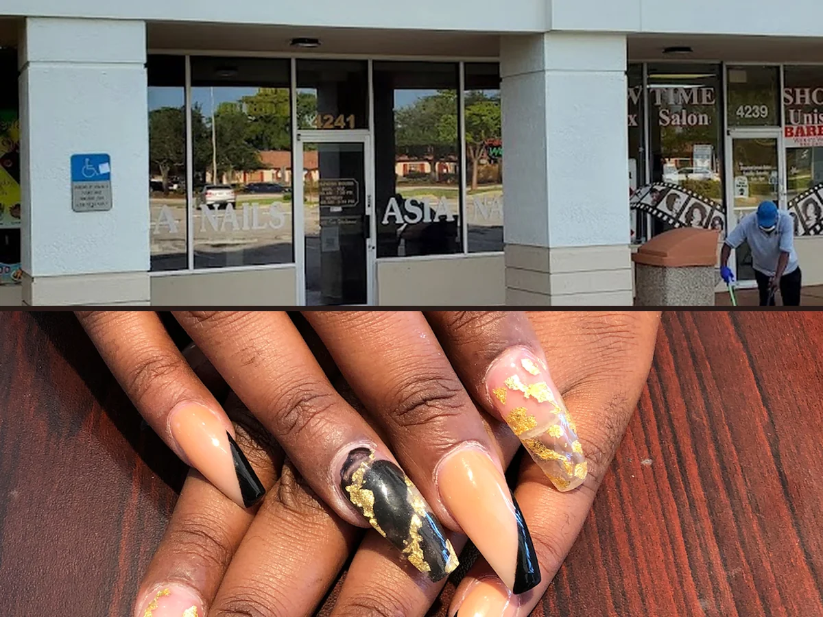 Acrylic nails display beside neatly arranged color swatches.