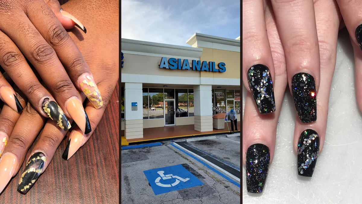 Nail salon station with manicure tools and polish bottles.