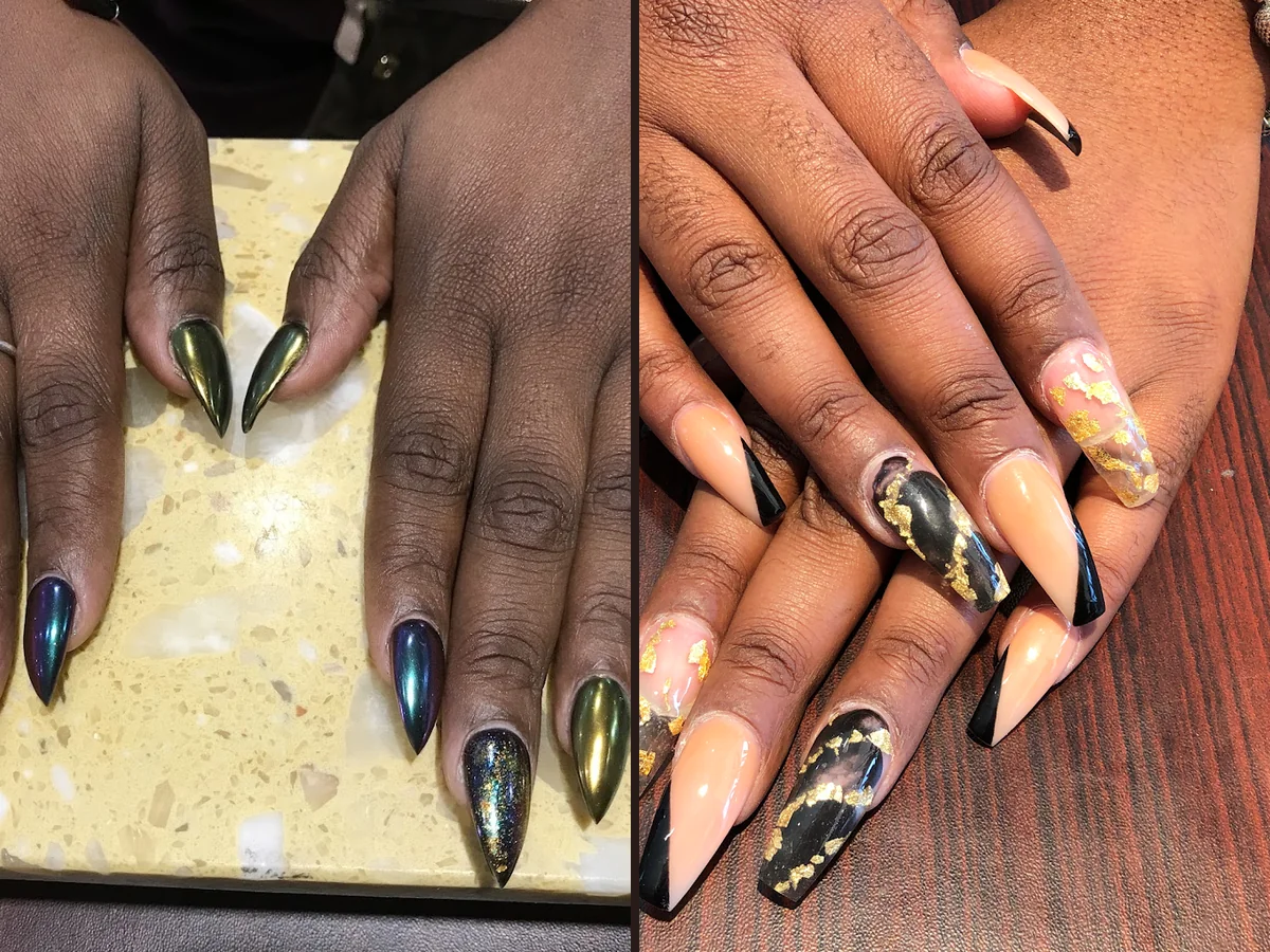 Nail salon station with manicure tools and polish bottles.